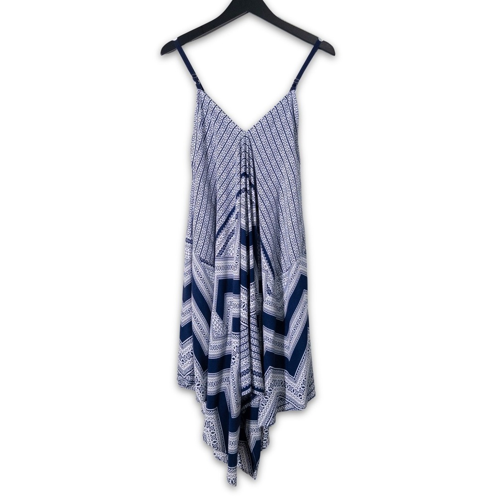 Blu Pepper Handkerchief Hem Dress‎ Womens Large Blue White Geometric Boho Hippie